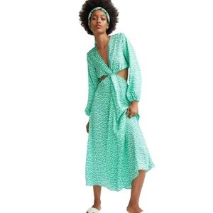 H&M Ballooned-Sleeve Green Print Cut-Out Crepe Dress